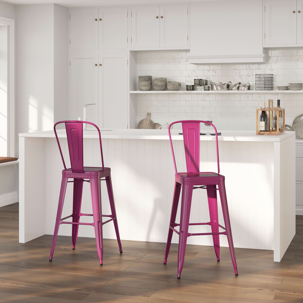 Merrick Lane Sabine Metal Indoor-Outdoor Barstool with Vertical Slat Back and Integrated Footrest